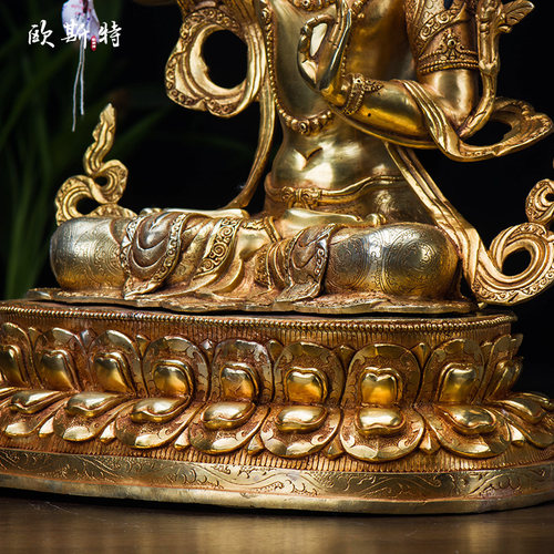 文殊菩萨摆件 尼泊尔手工15寸铜全镀金家居用品 智慧观音菩萨像 - 图2