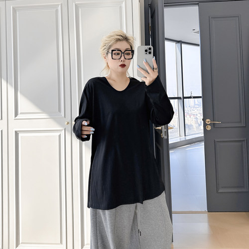 简约风长袖圆领大码女装宽松藏肉t恤衫200斤胖mm慵懒风大版潮上衣 - 图2