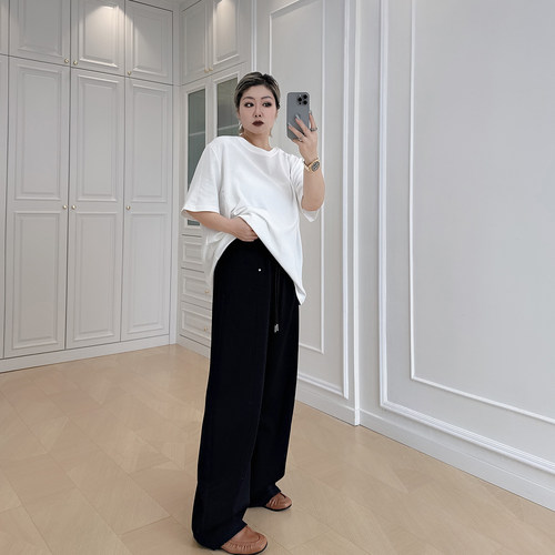 2026春装大码女装高腰显瘦弯刀裤休闲裤子200斤胖mm宽松运动卫裤 - 图0