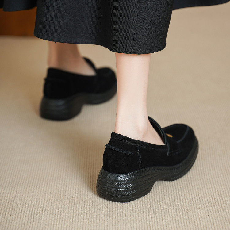 5cm法式复古真皮反绒厚底乐福鞋女一脚蹬深口单鞋休闲中跟小皮鞋,淘宝优惠券,粉丝福利购,淘宝优惠卷
