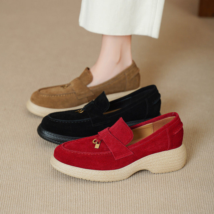 5cm法式复古真皮反绒厚底乐福鞋女一脚蹬深口单鞋休闲中跟小皮鞋,淘宝优惠券,粉丝福利购,淘宝优惠卷