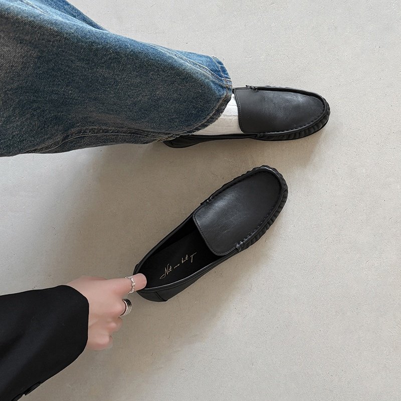 1.8cm休闲风时尚真皮乐福鞋女圆头一脚蹬平底单鞋舒适百搭豆豆鞋,淘宝优惠券,粉丝福利购,淘宝优惠卷