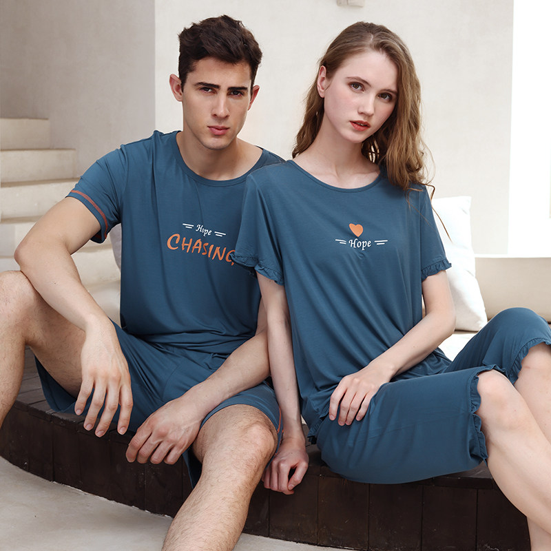 绮瑞情侣睡衣夏女莫代尔短袖七分裤套装男夏季棉绸薄款短裤家居服,淘宝优惠券,粉丝福利购,淘宝优惠卷