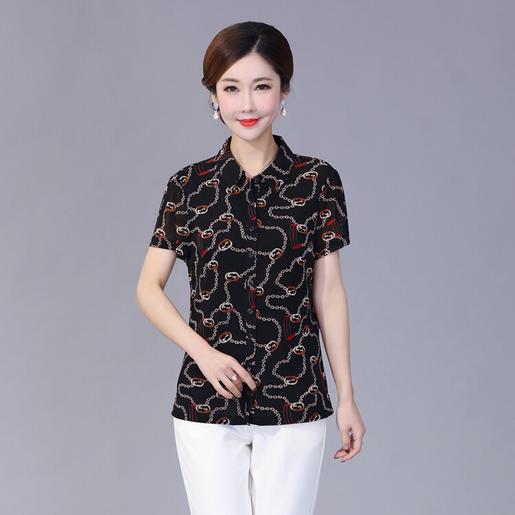 锦依罗时尚夏季中老年女装台湾纱网纱短袖大码修身开扣衬衫上衣