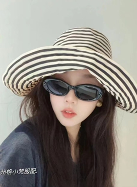 胶片日记玫瑰款优雅复古气质定制织带条纹大帽檐遮阳防晒渔夫帽女