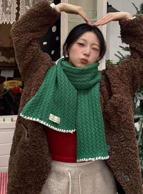 新年圣诞红色锁边针织毛线围巾女冬季保暖加厚韩系高级感护颈围脖