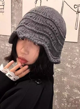 韩系镂空羊毛混纺毛线帽女秋冬花边柔软显脸小针织盆帽潮冷帽子