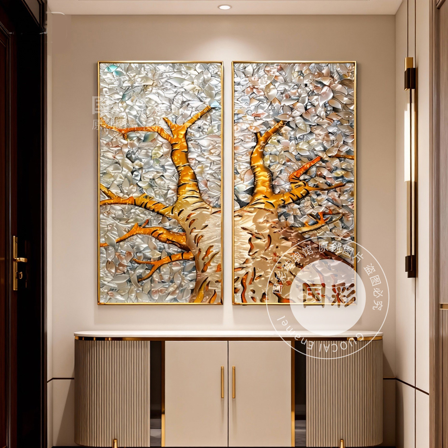 纯手绘珐琅彩装饰画树客厅玄关卧室书房挂画二联复古艺术画,淘宝优惠券,粉丝福利购,淘宝优惠卷