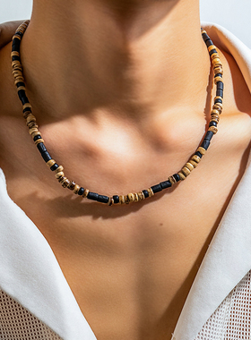 复古木珠椰壳仿绿松石项链男软陶串珠拼接百搭时尚小众设计锁骨链