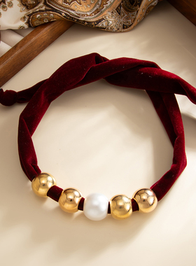 CCB珍珠豹纹丝巾项链女复古时尚