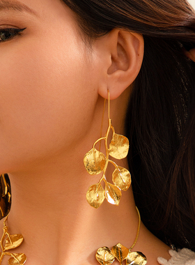 金属树叶拼接项圈耳环项链女 欧美夸张时尚模特舞台走秀搭配饰品