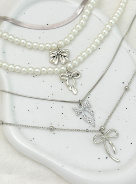 无注册商标珍珠蝴蝶结锁骨链