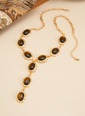 椭圆宝石十字链项链时尚简约