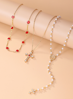 欧美十字架珍珠项链套装