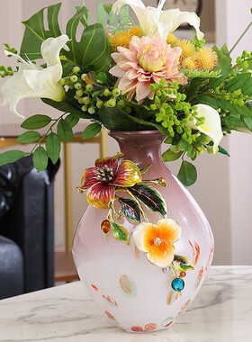 珐琅彩琉璃花瓶摆件中古风渐变粉紫色花瓶轻奢风高级感鲜花瓶装饰