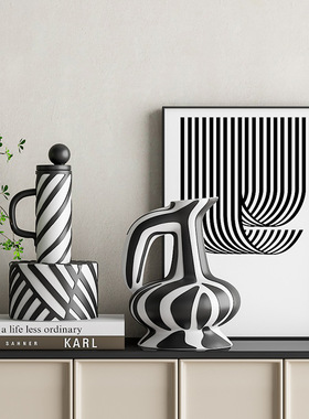 现代简约黑白竖纹花瓶果盘套装摆件客厅餐厅茶几电视柜家居装饰品