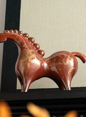 新中式鎏金红色陶瓷马摆件宋式美学客厅酒柜桌面高档软装饰品摆件