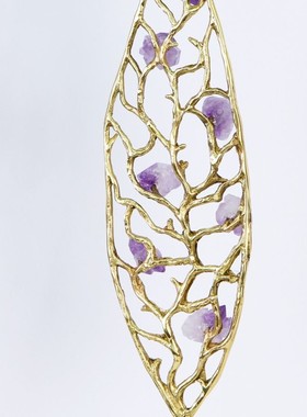 高级感紫水晶叶子摆件水晶黄铜发财树叶摆件电视柜酒柜装饰品摆件