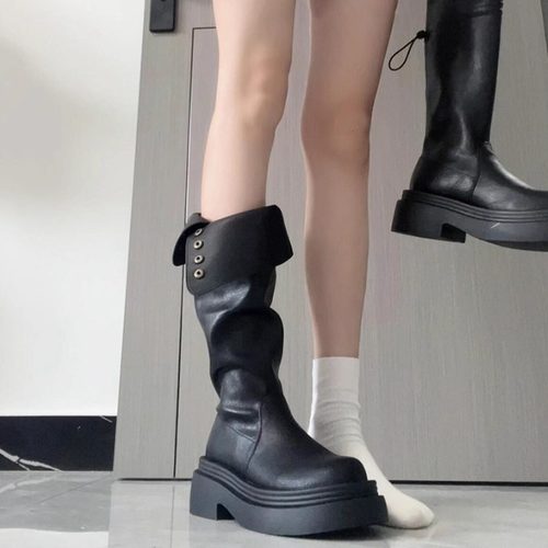两穿长筒靴女复古黑色2025秋冬季新款厚底显瘦堆堆靴不过膝骑士靴 - 图3