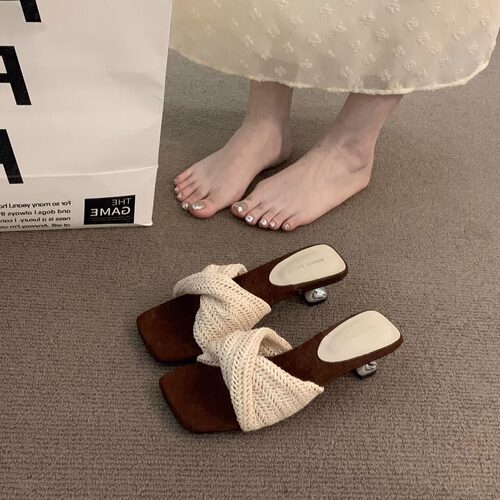 小众复古方头编织法式高跟拖鞋仙女鞋度假夏季新款配裙子凉拖凉鞋 - 图3