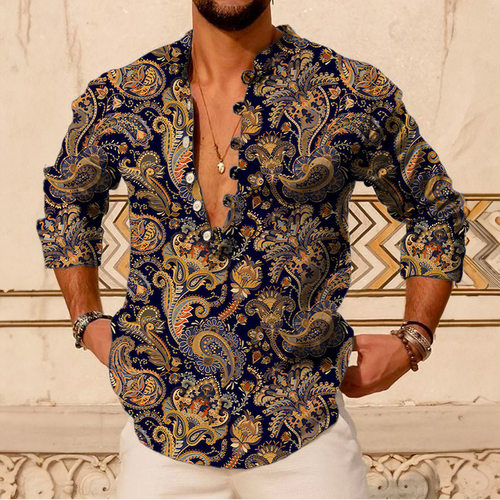 Stand up collar long sleeved printed top立领系扣长袖印花上衣 - 图1