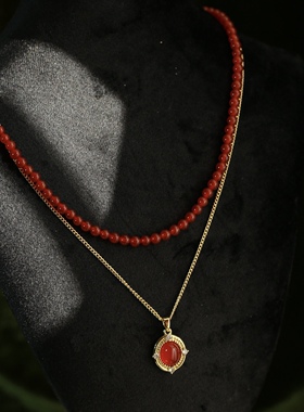 《时光美人》法式复古新年酒红玛瑙双层叠戴项链锁骨链轻奢高级女