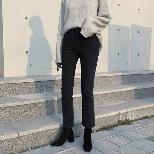 黑色微喇叭牛仔裤女九分2026春夏新款薄高腰显瘦直筒烟管155裤子 - 图0