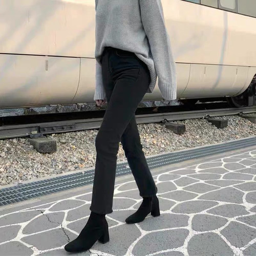 黑色微喇叭牛仔裤女九分2026春夏新款薄高腰显瘦直筒烟管155裤子 - 图1