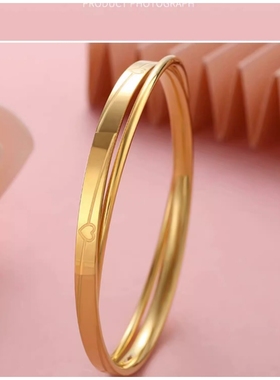 金色双环双层叠戴爱心手镯镀18K