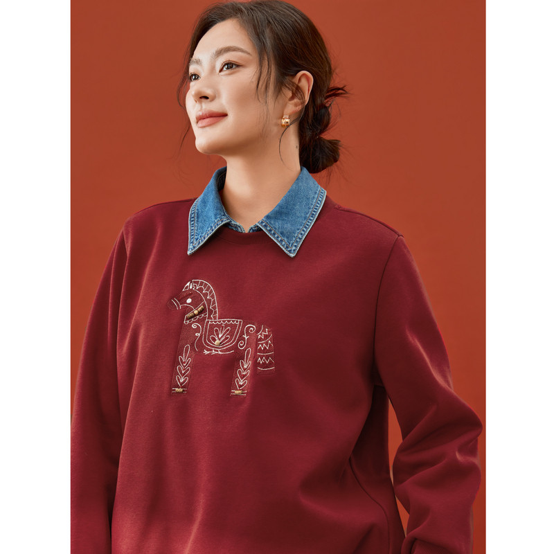 【马上有钱】时髦重工刺绣圆领套头卫衣纤莉秀大码女装胖mm冬新款,淘宝优惠券,粉丝福利购,淘宝优惠卷