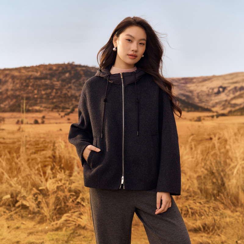 【流心巴斯】连帽拼接双面毛呢外套纤莉秀大码女装胖mm2025冬新款,淘宝优惠券,粉丝福利购,淘宝优惠卷