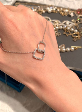 方块双扣项链女s925纯银镀14k金