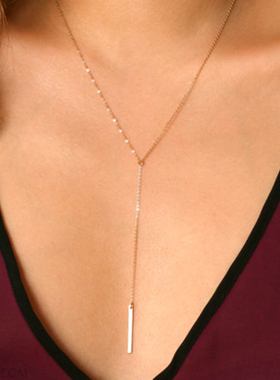 新品 14K包金百搭Y字长款女项链低胸一字吊坠简约秋冬毛衣链配饰