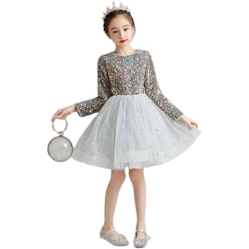 儿童礼服公主裙女童生日长袖小女孩花童婚纱主持人钢琴演出服秋冬 - 图3