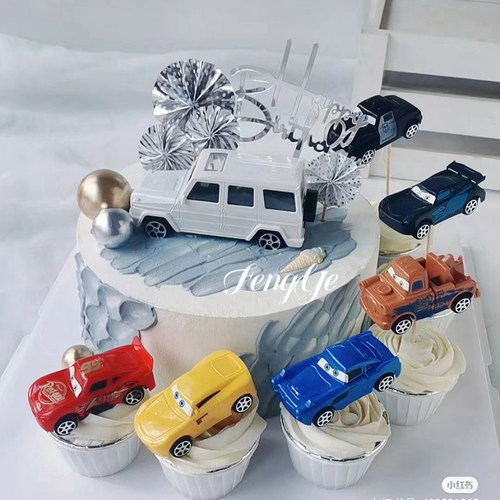 男孩蛋糕装饰摆件小汽车工程车周岁生日配件挖土机路标障路牌插件 - 图1