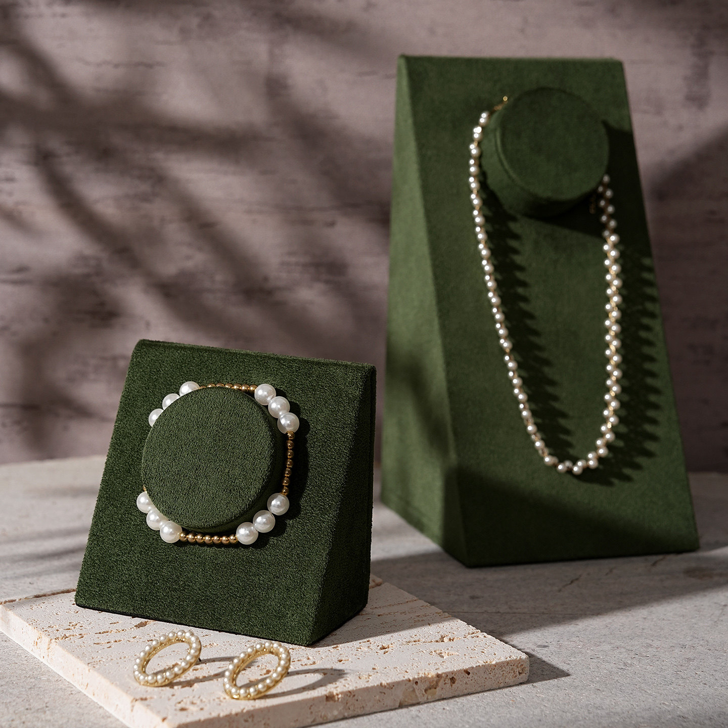 Jewelry display stand, forest green velvet single round bracelet necklace stand, ring tray, jewelry display shooting props