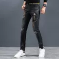 皇冠刺绣花牛仔裤男潮牌韩版修身小脚休闲百搭弹力黑色长裤子秋季 图片 3