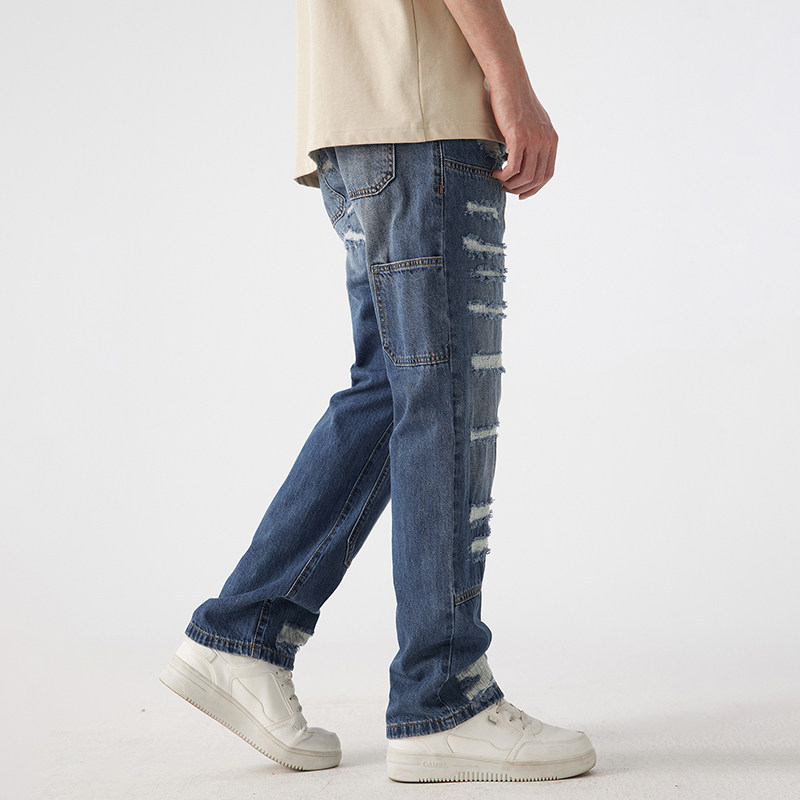 美式高街工装破洞补丁牛仔裤男宽松直筒春秋季拼接休闲长裤子潮流,淘宝优惠券,粉丝福利购,淘宝优惠卷