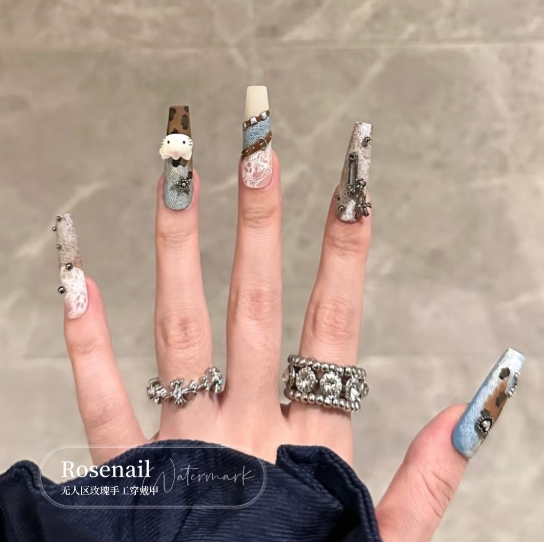 豹纹牛仔KT甜酷辣妹风穿戴甲长款美甲复古风手绘可拆卸假指甲536,淘宝优惠券,粉丝福利购,淘宝优惠卷