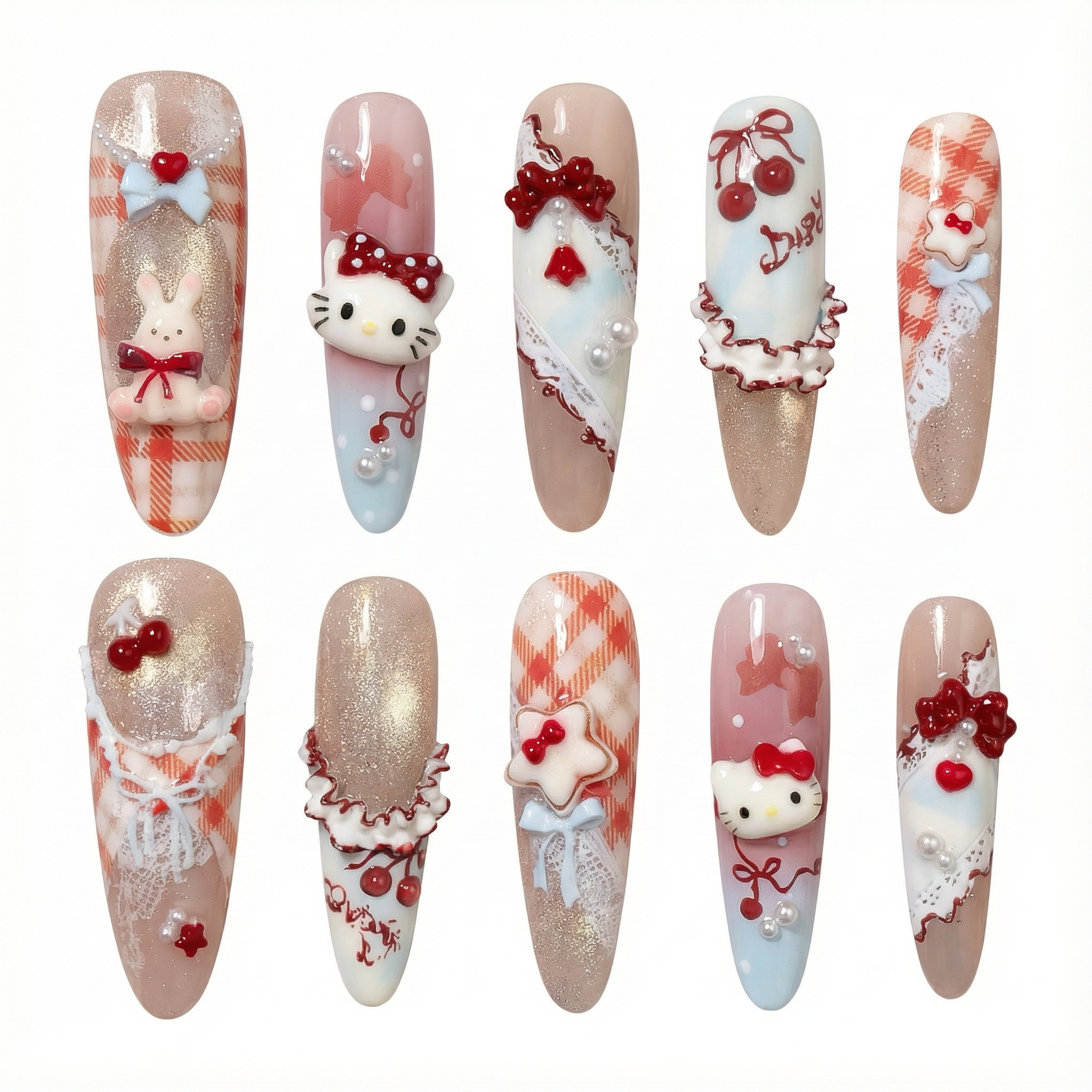 莓果慕斯Kitty猫格纹手绘纯手工穿戴甲红色显白美甲贴片可拆卸527,淘宝优惠券,粉丝福利购,淘宝优惠卷