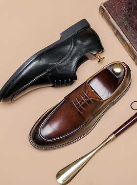 Men's Leather Shoes 夏季手工真皮复古英伦皮鞋一脚蹬休闲单鞋