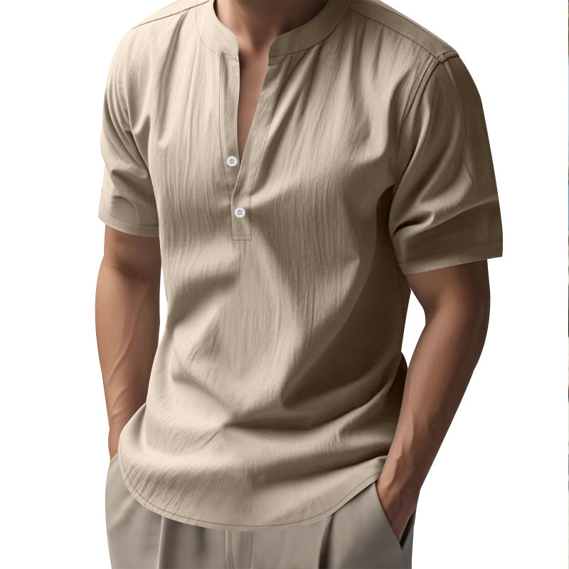 Men's Linen Summer Shirt Relaxed Fit Mandarin Collar Top衬衫 - 图2