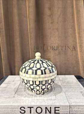 印度进口牛骨首饰盒复古风黑白条纹收纳储物罐卧室梳妆台饰品摆件