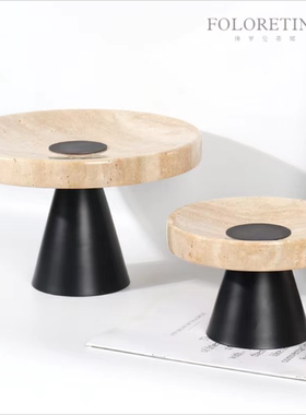 现代轻奢简约中式天然大理石创意果盘样板间茶几黄洞石几何收纳盘