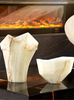 中古风复古风天然玉石高端花器摆设样板间酒店大堂少众花瓶装饰品