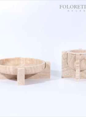 现代简约天然黄洞石几何创意果盘摆件样板间茶几台面软装饰品摆设