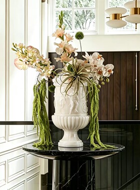 中古风复古风天然大理石雕刻高端花器摆件样板间小法式石材花瓶