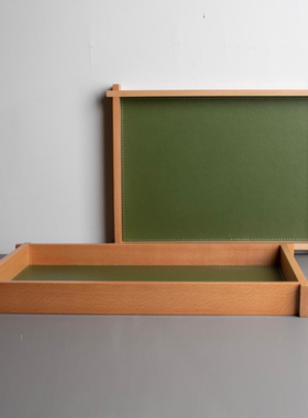 现代简约意式实木皮革创意托盘摆设样板间原木风相框收纳盘装饰品