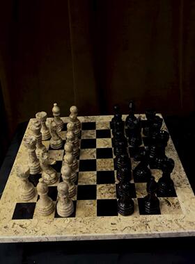 中古风复古风天然石材手工雕刻国际象棋摆件样板间高端石材棋盘