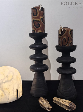 样板间新中式侘寂风原生态碳化木烛台摆件中古风创意实木蜡烛台